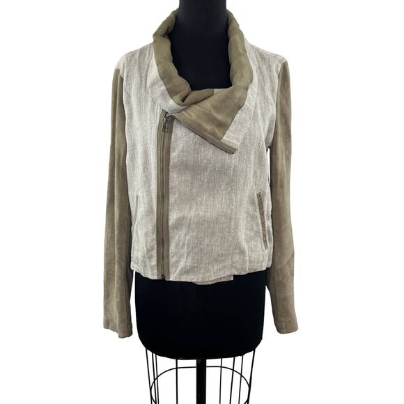 JAKETT Katherine Beige Linen & Leather Jacket Draped Cowl Neck Asymmetric Zip L - Picture 1 of 9